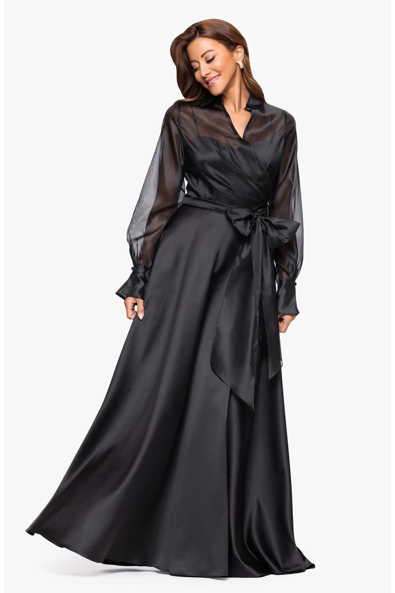 Long Sleeve Organza A-Line Gown, Alternate, color, BLACK