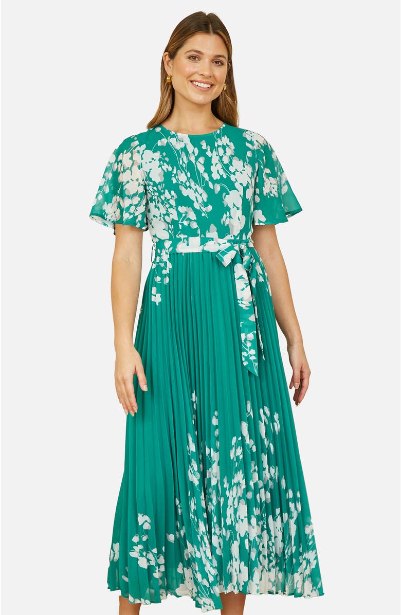 Yumi Mirror Floral Design Pleated Midi Dress, Alternate, color, Green