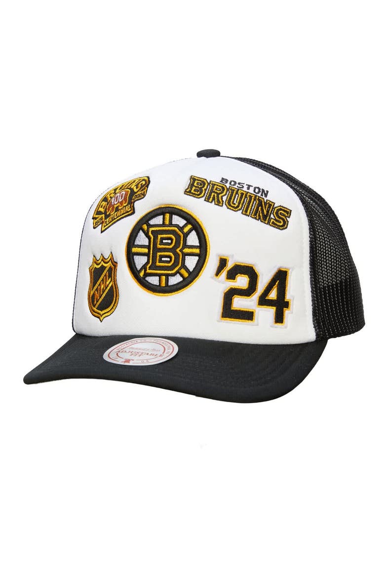 Men's Mitchell & Ness White/Black Boston Bruins Gridlock Trucker Adjustable Hat, Main, color, White