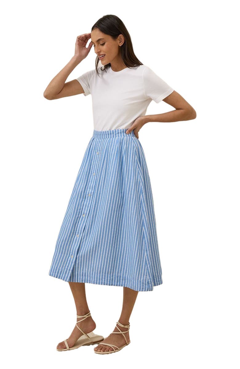 Pact Organic Cotton Sunset Lightweight Cotton Button Skirt, Alternate, color, Blue Bondi Stripe