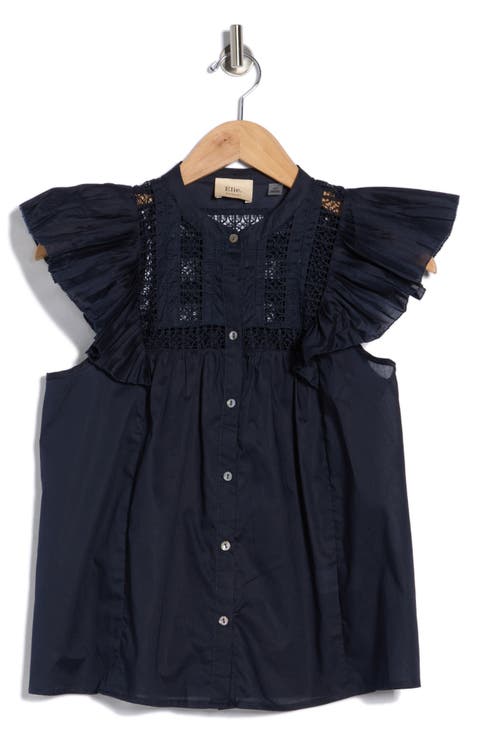 Cap Sleeve Lace Trim Button-Up Top