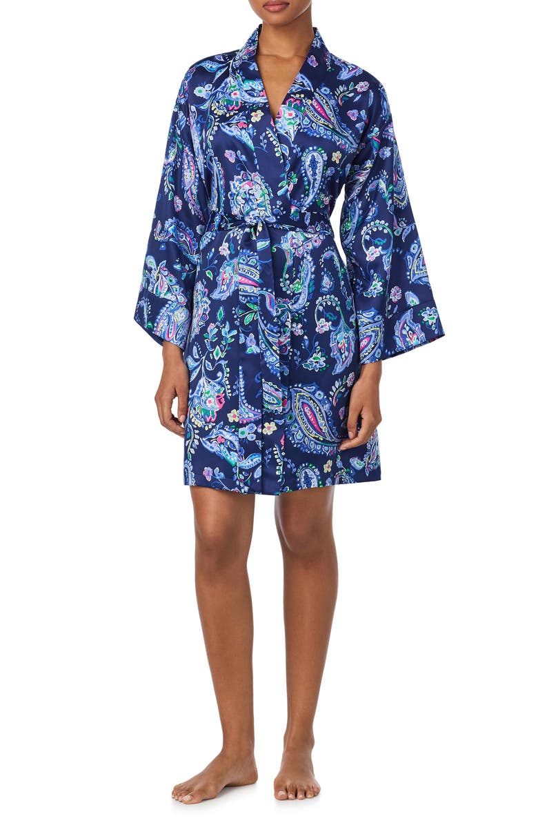 Lauren Ralph Lauren Paisley Satin Robe, Main, color, Blue Paisley