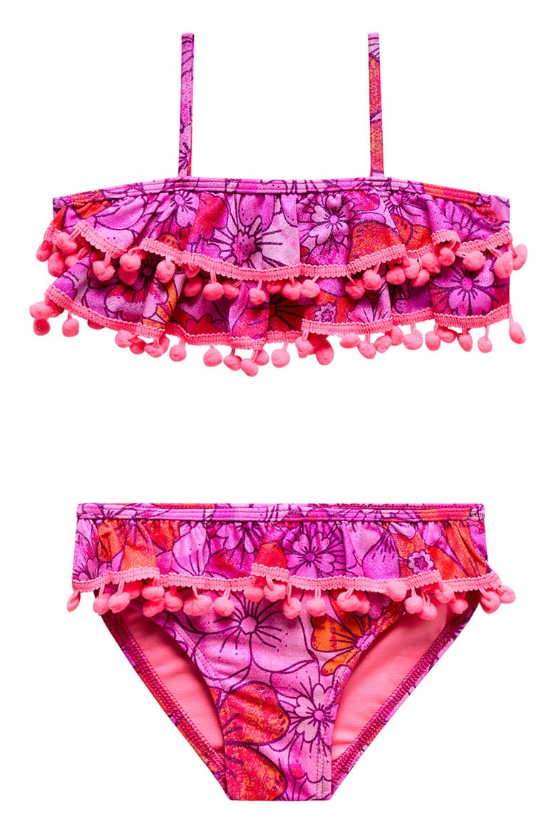 Kids' Metallic Ruffle Pom Trim Two-Piece Swimsuit, Main, color, PINK
