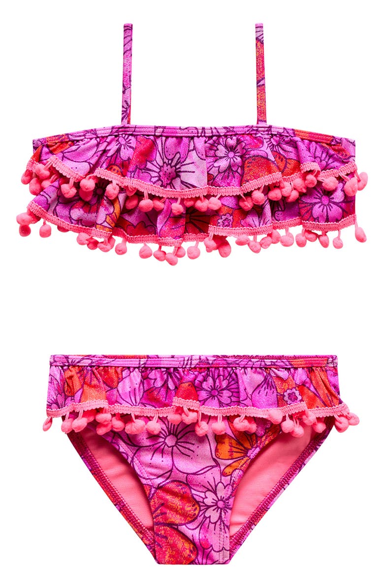 Beach Lingo Kids' Metallic Ruffle Pom Trim Two-Piece Swimsuit, Main, color, Pink