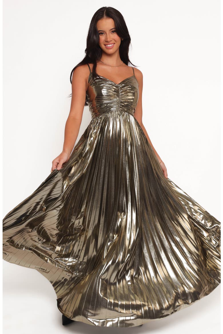 Naira Pleated Maxi Dress, Alternate, color, GOLD
