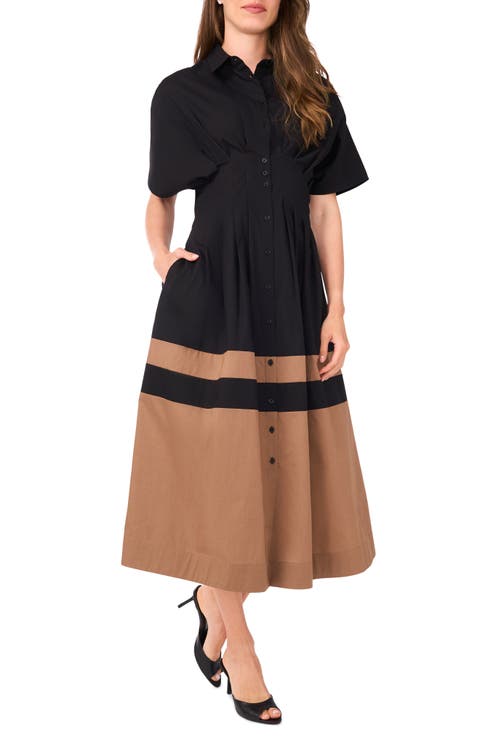 Colorblock Pleated Cotton Poplin Shirtdress
