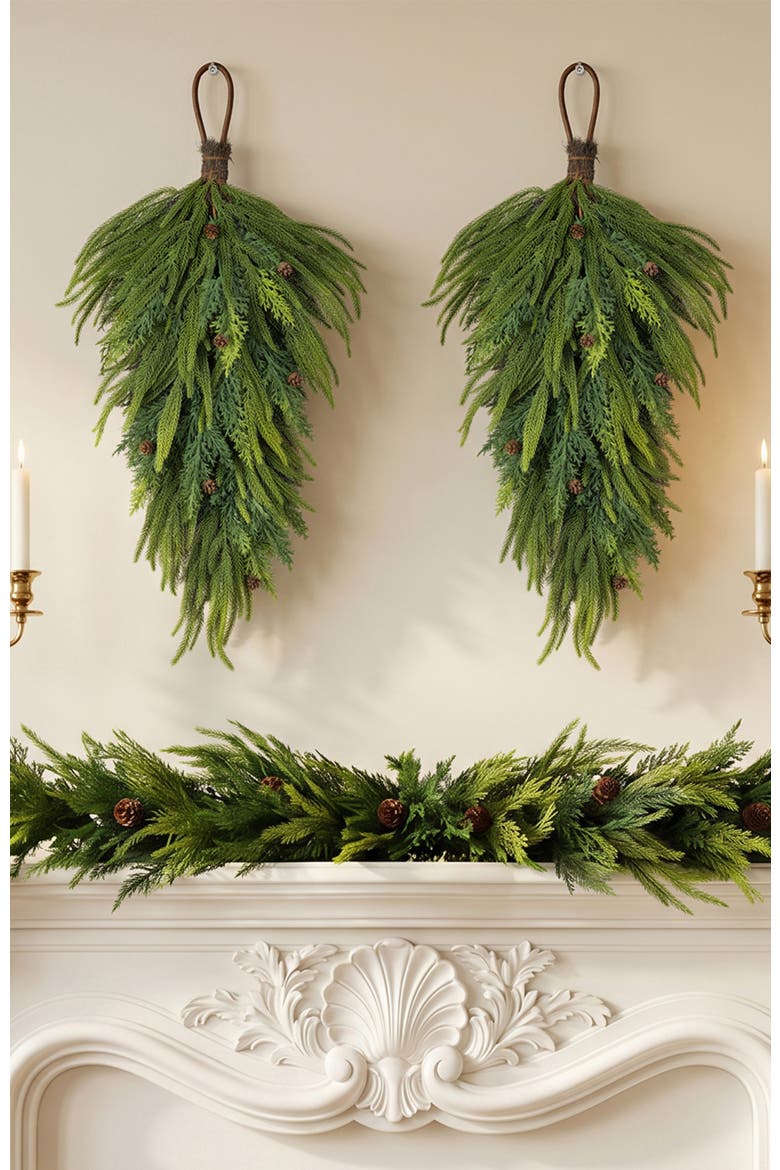 31.5"H Christmas Dripping Teardrop Wreath with Pinecones, Alternate, color, Greenery Green