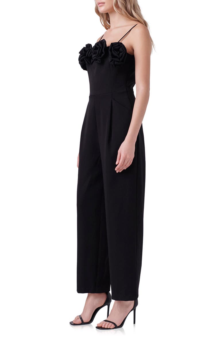 Rosette Trim Wide Leg Jumpsuit, Alternate, color, BLACK