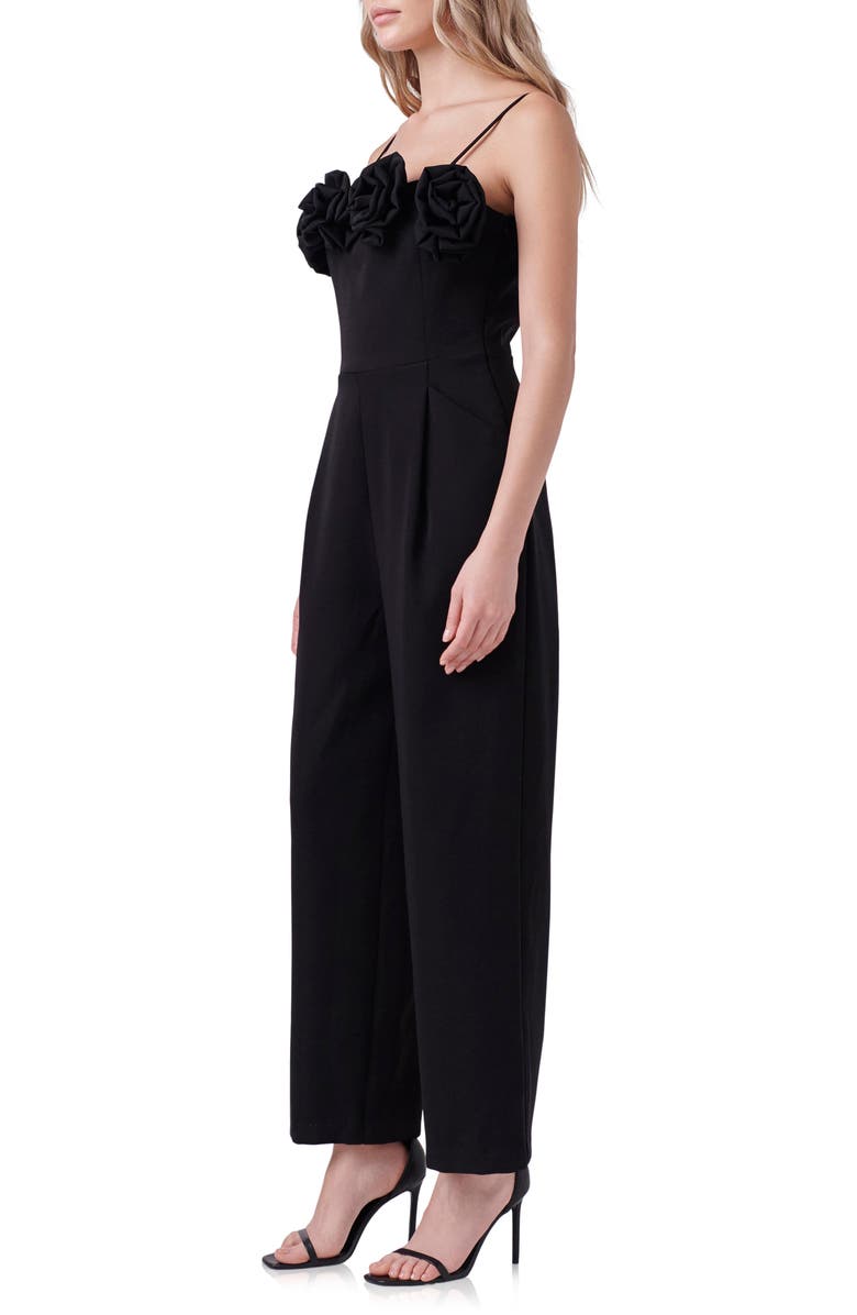 Endless Rose Rosette Trim Wide Leg Jumpsuit, Alternate, color, Black