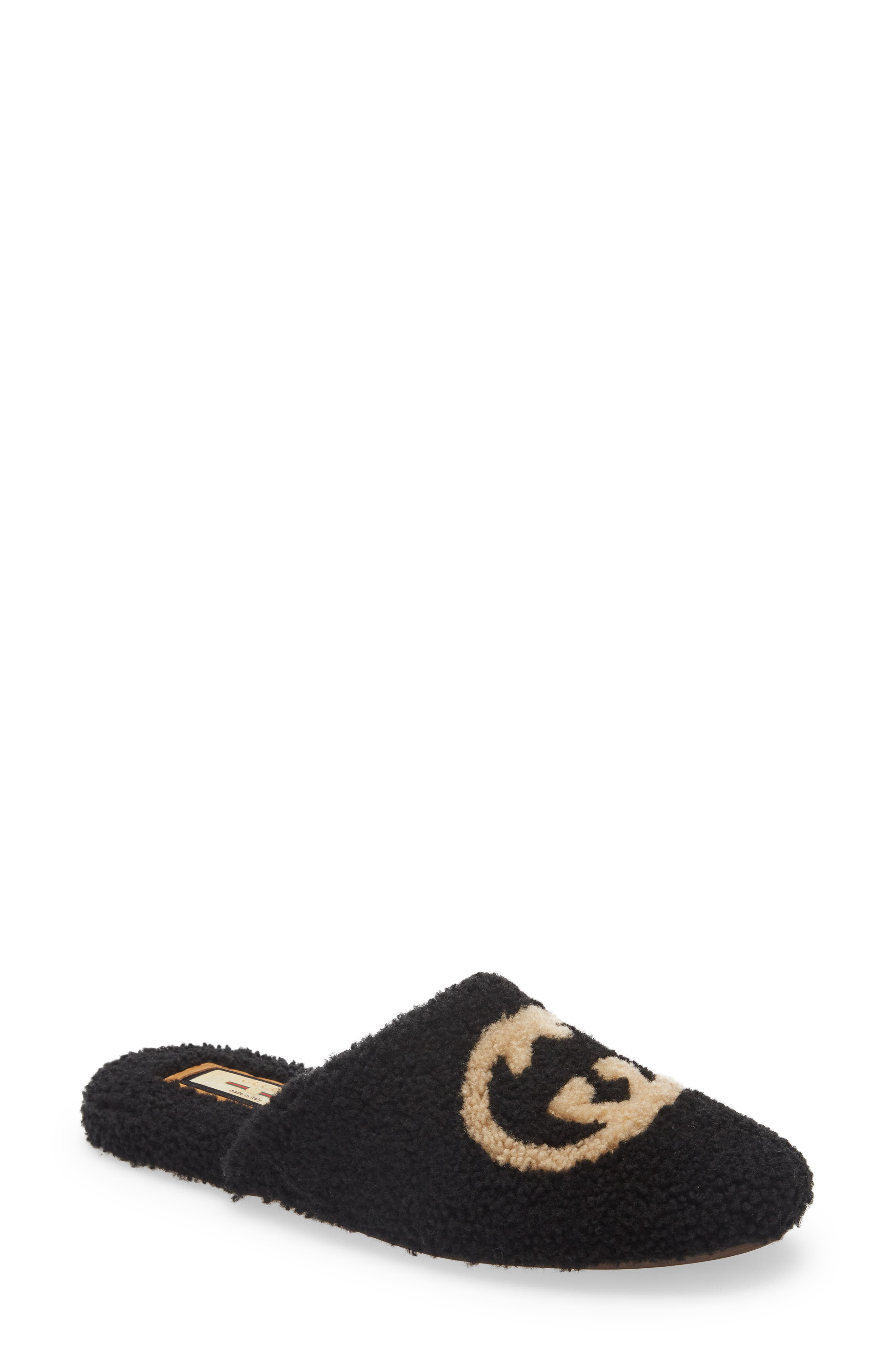 Gucci Flamel Logo Faux Shearling Slipper, Main, color, 