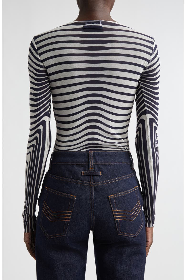 Re-Edition Body Morphing Trompe l'Oeil Long Sleeve Mesh Top, Alternate, color, ECRU/ NAVY