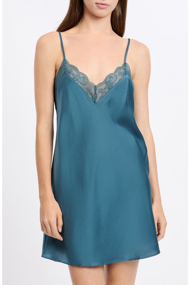 Desire Lace Trim Satin Chemise, Main, color, PETROL BLUE
