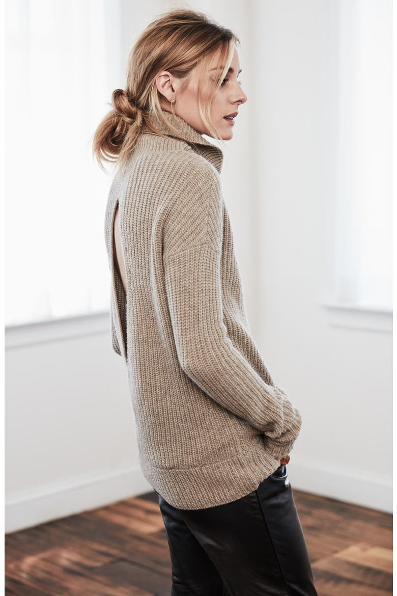 Olivia Palermo + Chelsea28 Open Back Wool & Cashmere Turtleneck Sweater, Alternate, color, TAN PORTOBELLO HEATHER