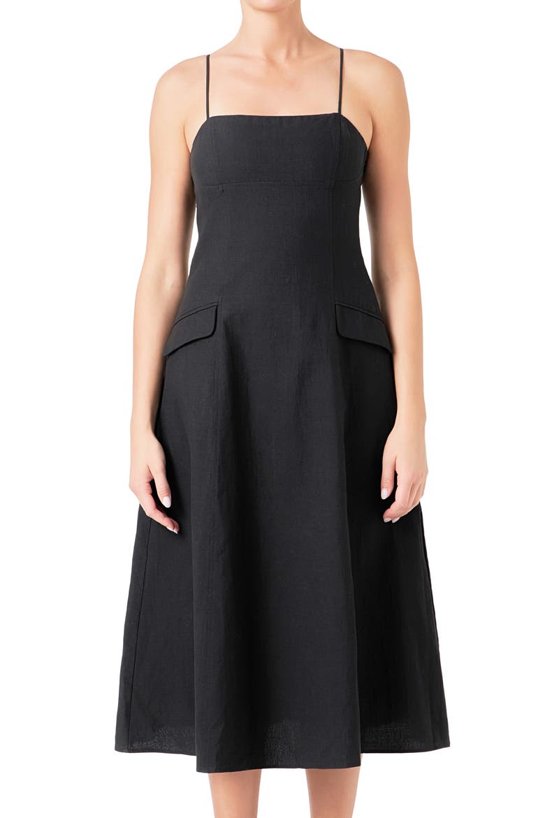 Cotton & Linen Blend Midi Dress, Alternate, color, BLACK