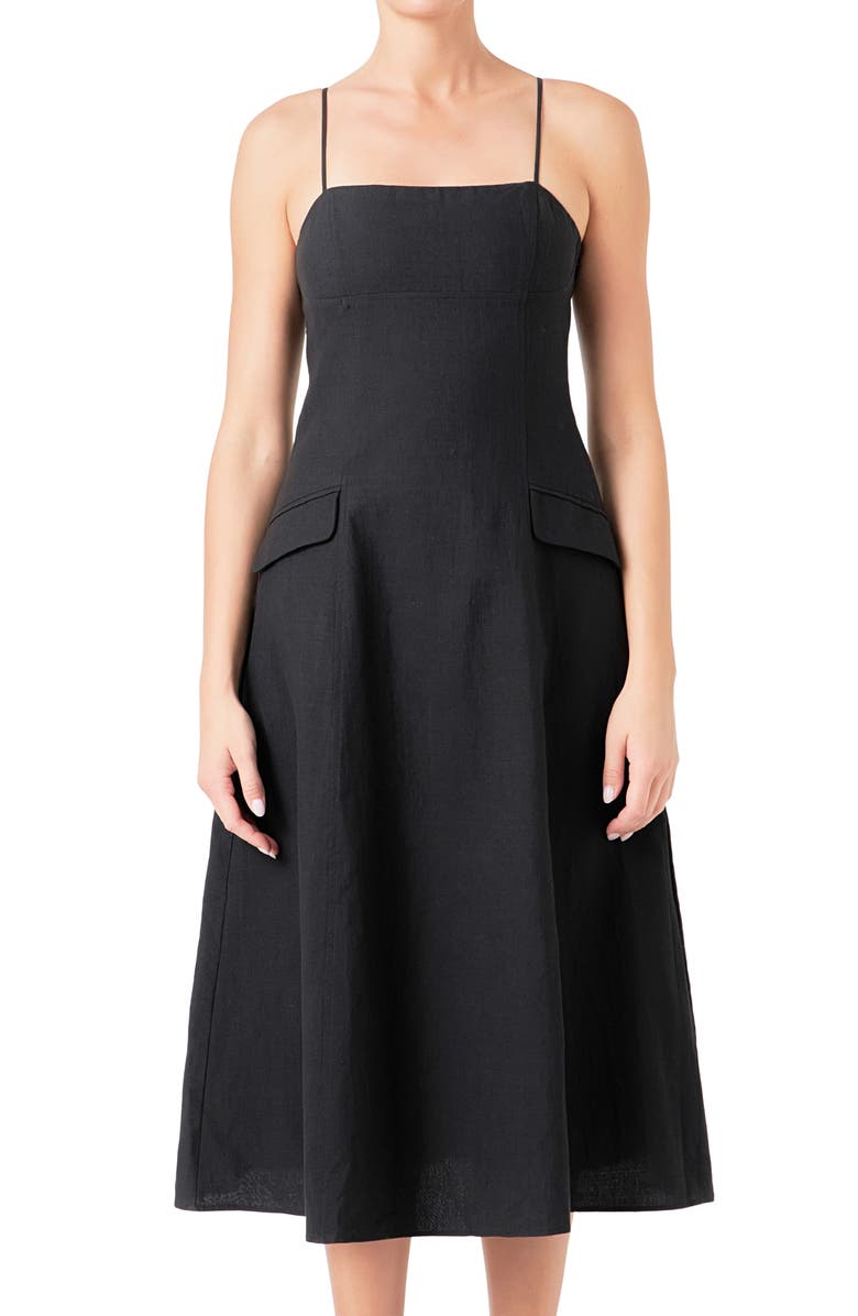 Endless Rose Cotton & Linen Blend Midi Dress, Alternate, color, Black