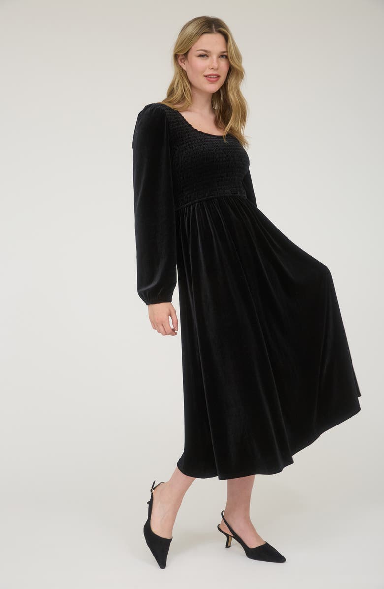 AUGUST SKY Long Sleeve Smocked Velvet Midi Dress, Alternate, color, Black