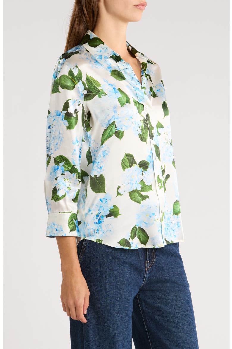 Dani Floral Three-Quarter Sleeve Silk Button-Up Shirt, Alternate, color, IVORY/ LIGHT BLUE HYDRANGEA