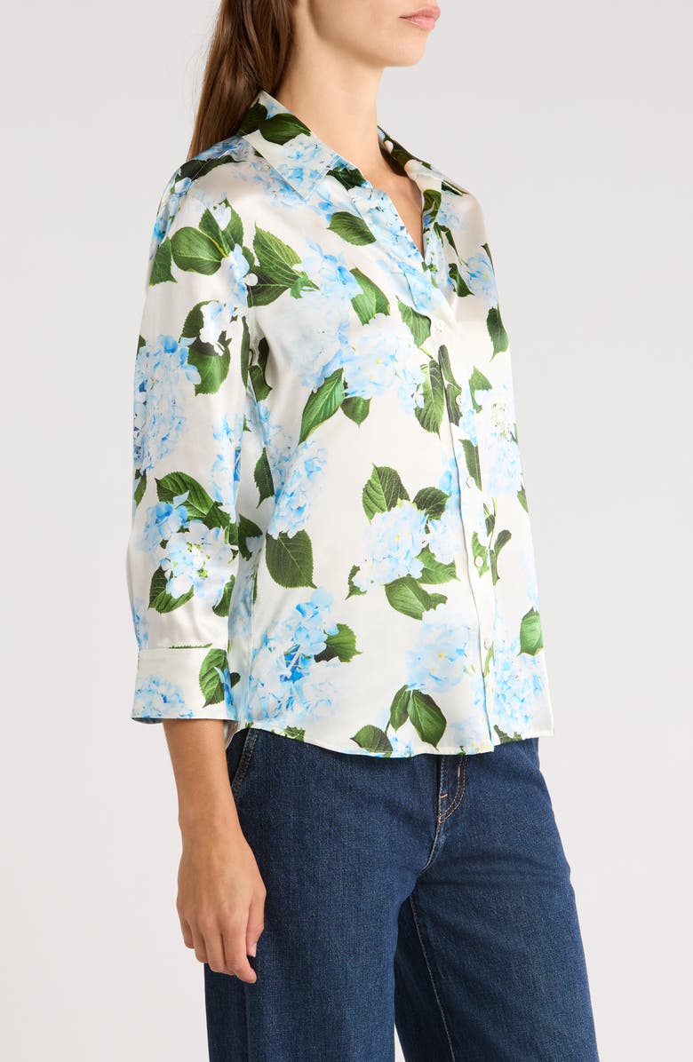 L'AGENCE Dani Floral Three-Quarter Sleeve Silk Button-Up Shirt, Alternate, color, Ivory/ Light Blue Hydrangea