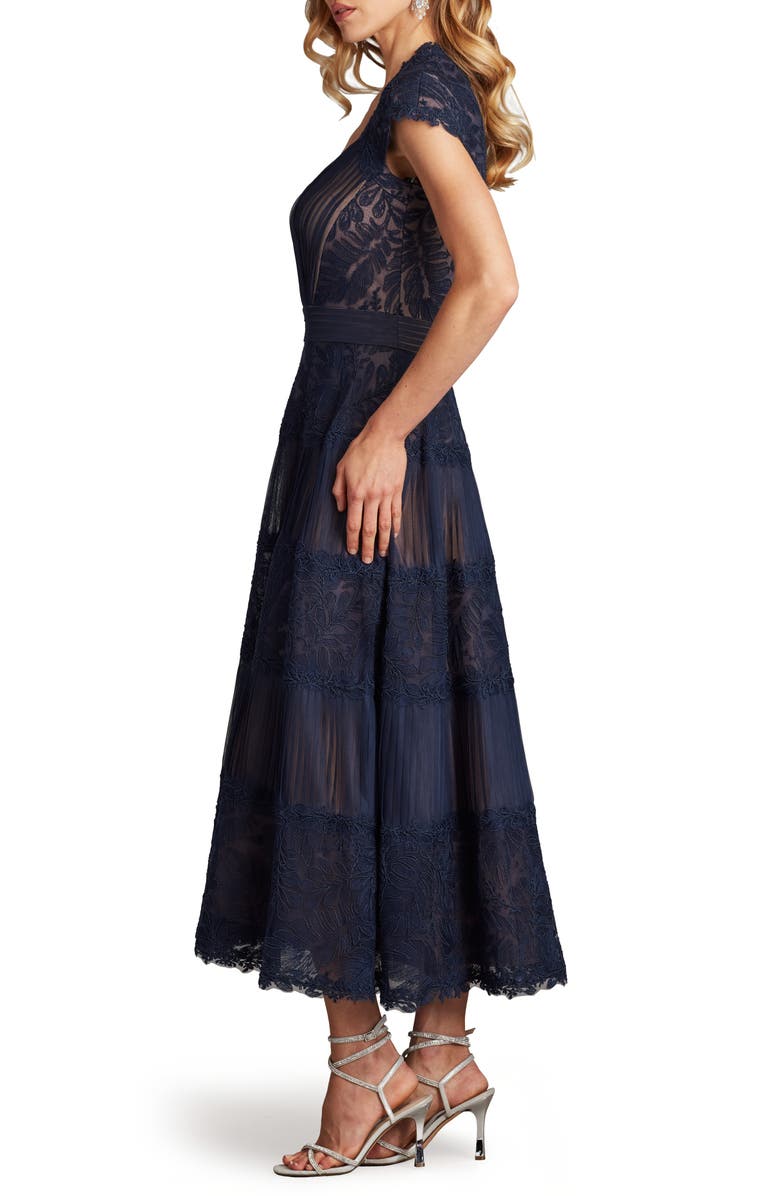 Tadashi Shoji Pintuck Pleat Embroidery Detail Cocktail Midi Dress, Alternate, color, Navy/ Nude