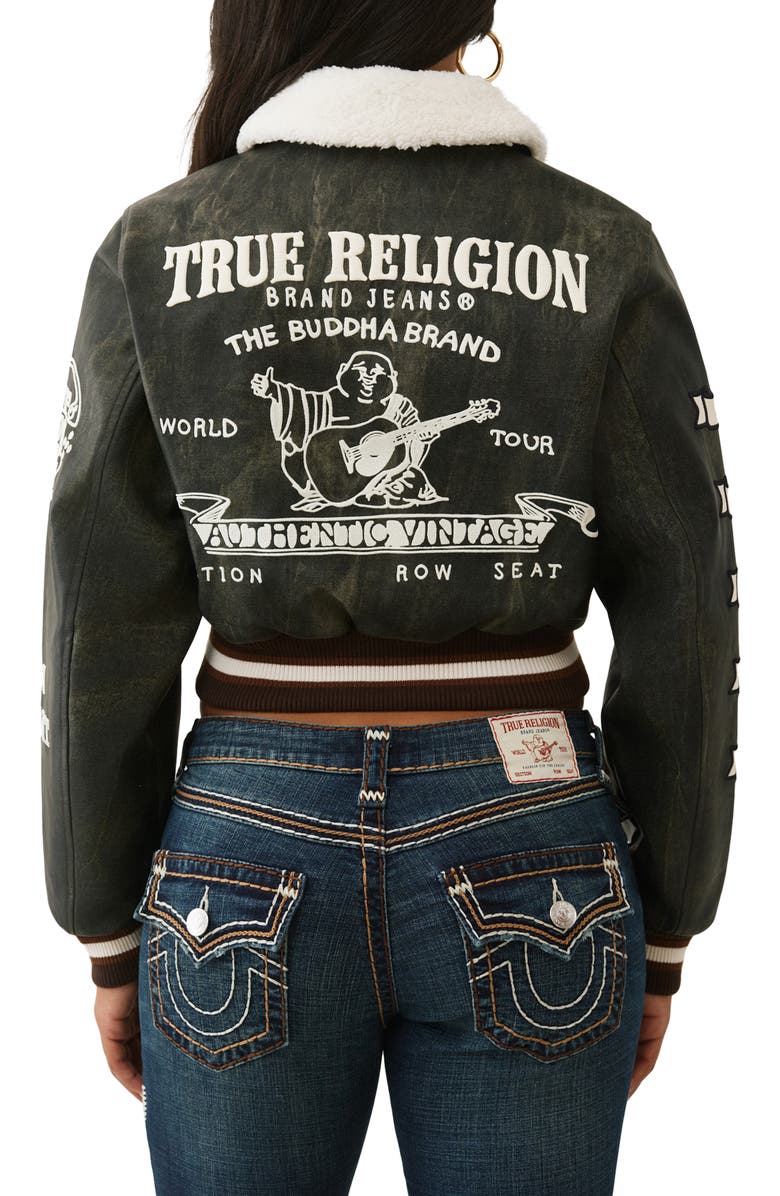 True Religion Aviator Crop Jacket, Alternate, color, Washed Brown