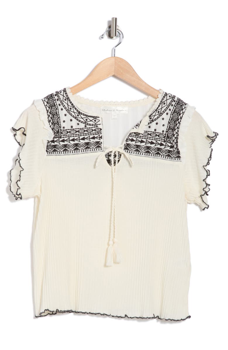 CHELSEA AND THEODORE Embroidered Cap Sleeve Ribbed Top, Alternate, color, White