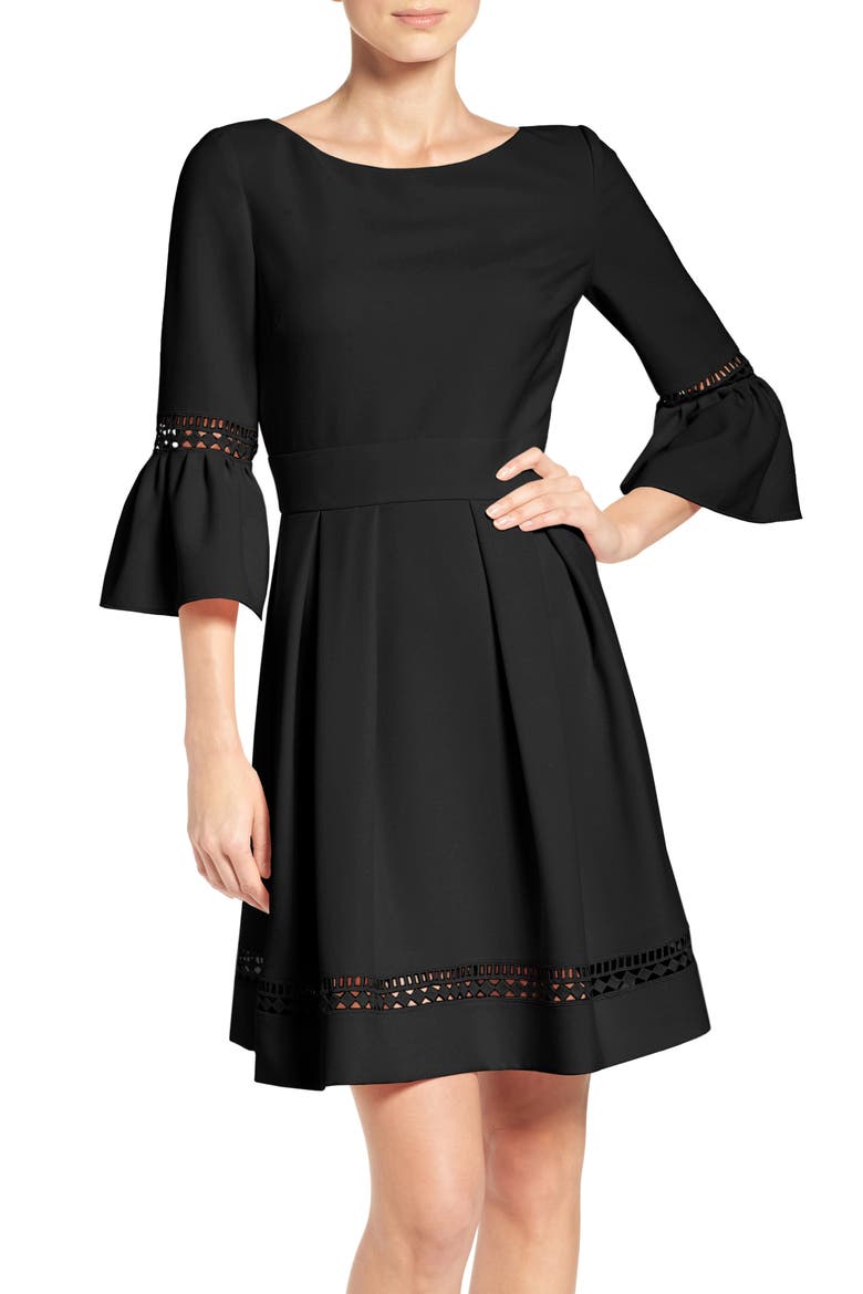 Bell Sleeve Lace Inset Fit & Flare Dress, Main, color, BLACK