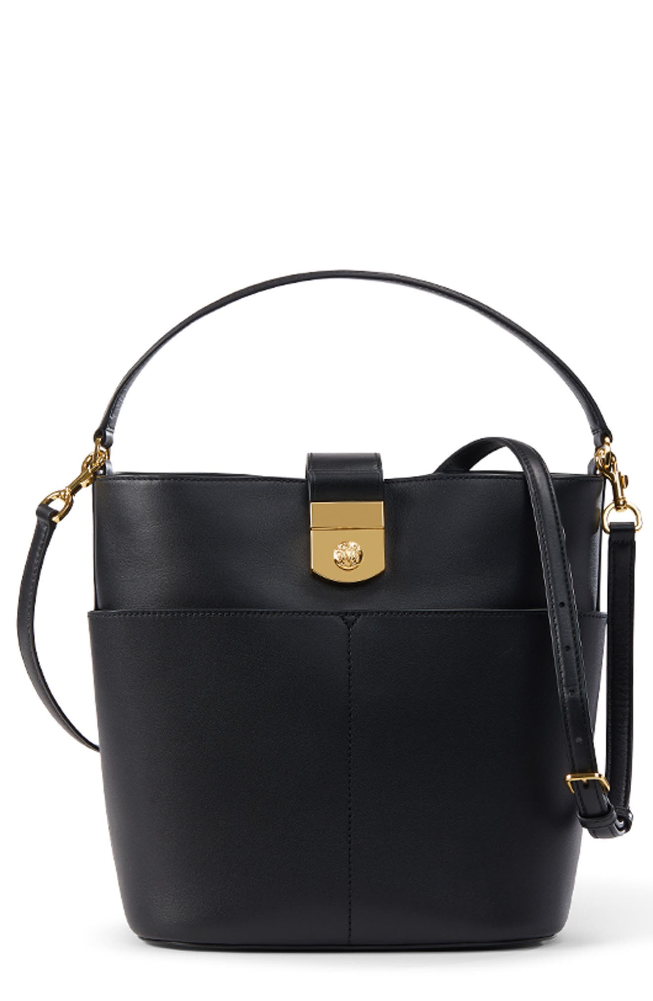 Veronica Beard Small Crest Lock Leather Bucket Bag, Main, color, 