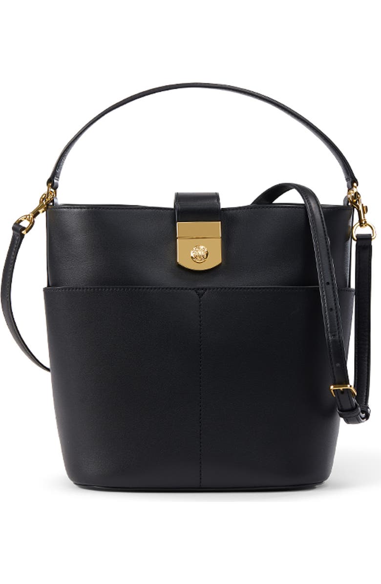 Veronica Beard Small Crest Lock Leather Bucket Bag, Main, color, Black