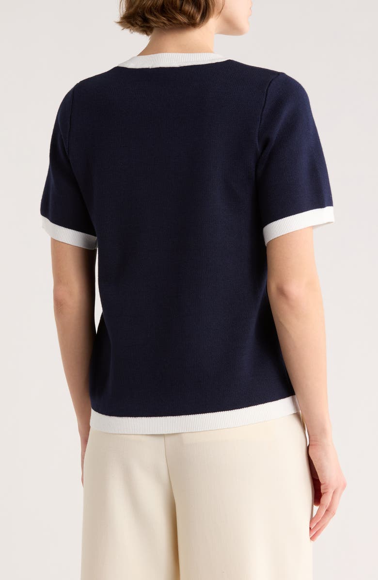 Adrianna Papell Flower Appliqué Short Sleeve Sweater, Alternate, color, Blue Moon/ Ivory