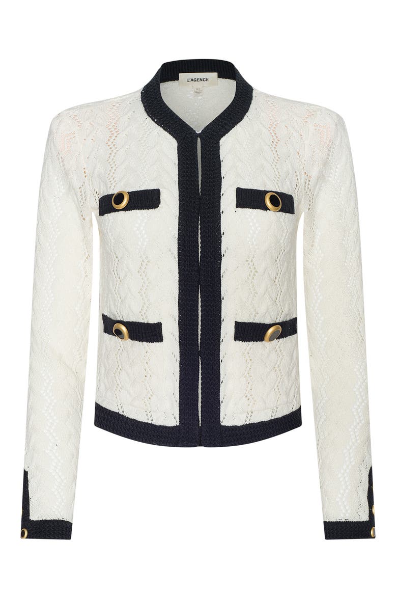 Zephyra Pointelle Open Front Cardigan, Alternate, color, IVORY/ BLACK