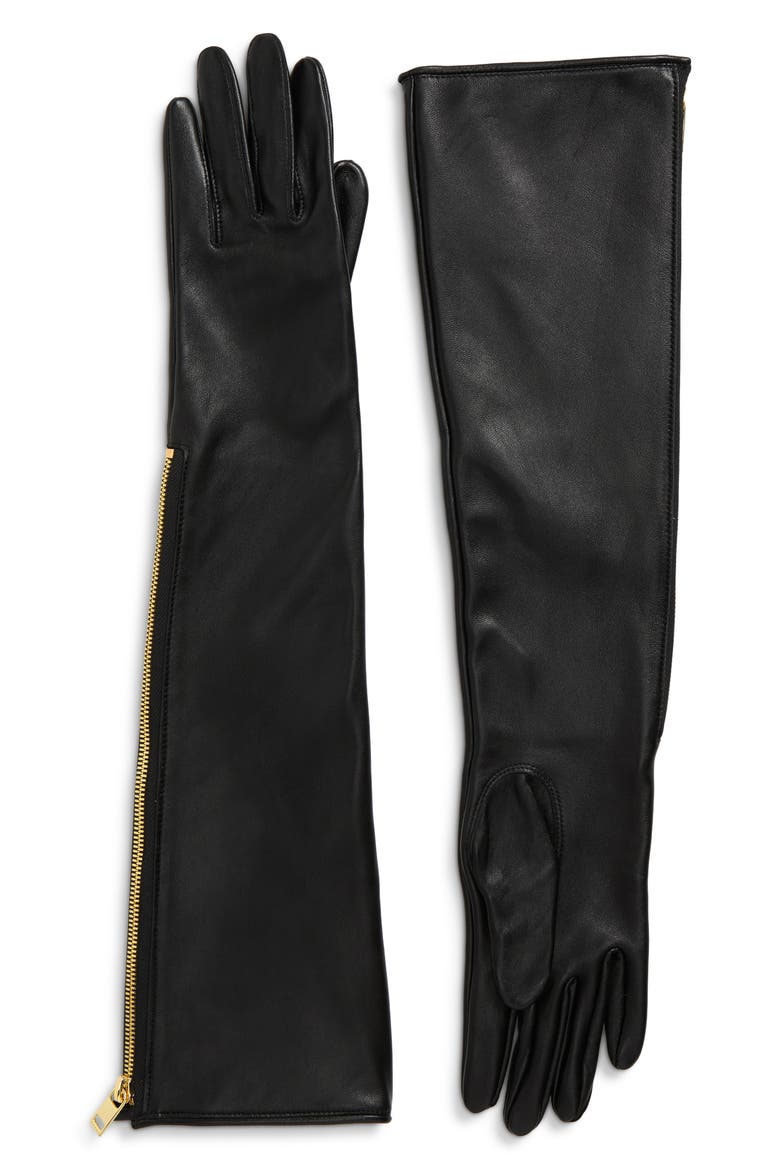 Zip Long Leather Gloves, Main, color, BLACK