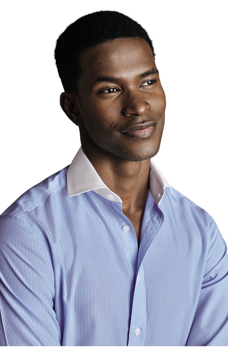 Charles Tyrwhitt Winchester Bengal Stripe Non-Iron Poplin Slim Fit Shirt Single Cuff, Alternate, color, Sky Blue