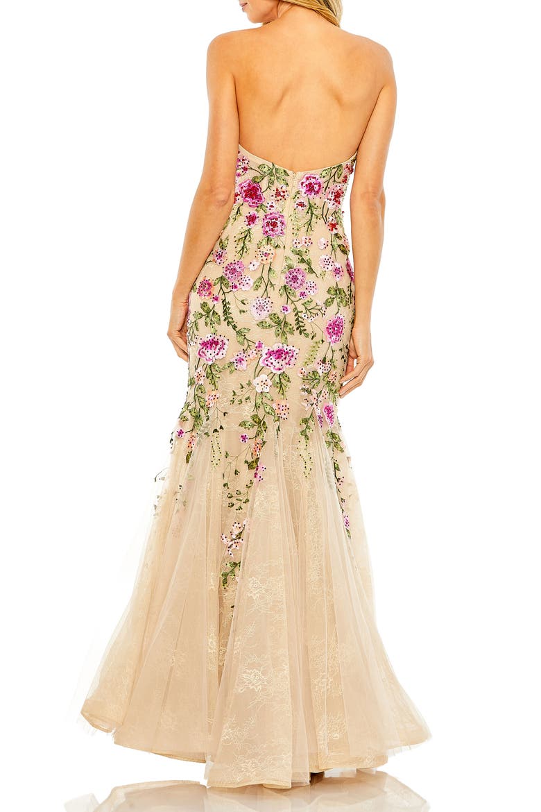 Strapless Sheer Bustier Embroidered Mermaid Gown, Alternate, color, PINK MULTI