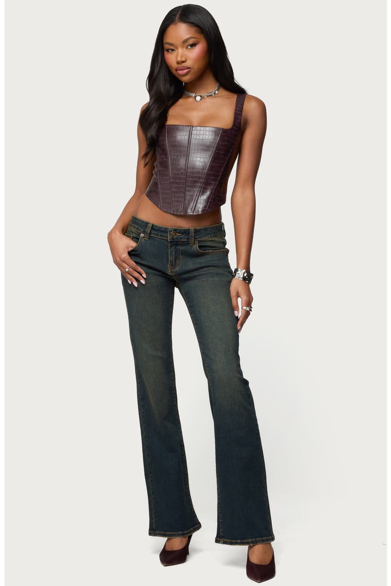 Shana Croc Embossed Faux Leather Corset Top, Alternate, color, BROWN
