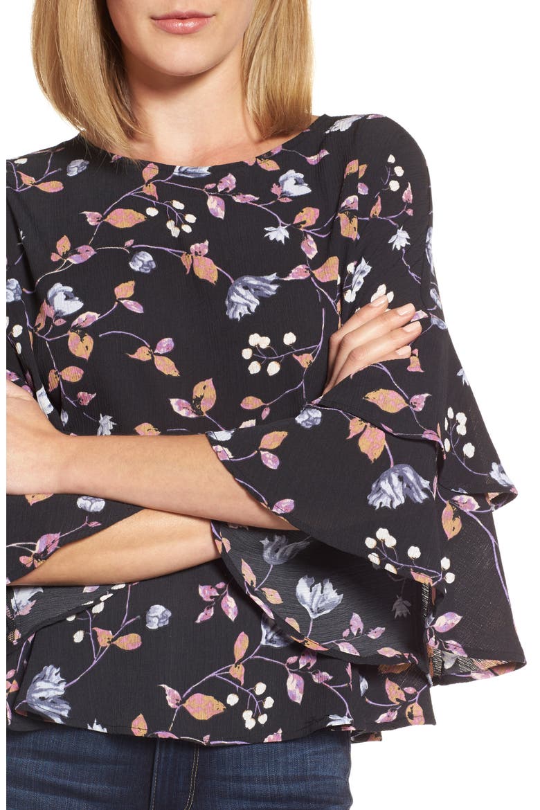 Gibson Tiered Ruffle Sleeve Peplum Blouse, Alternate, color, BLACK/ LAVENDER PRINT