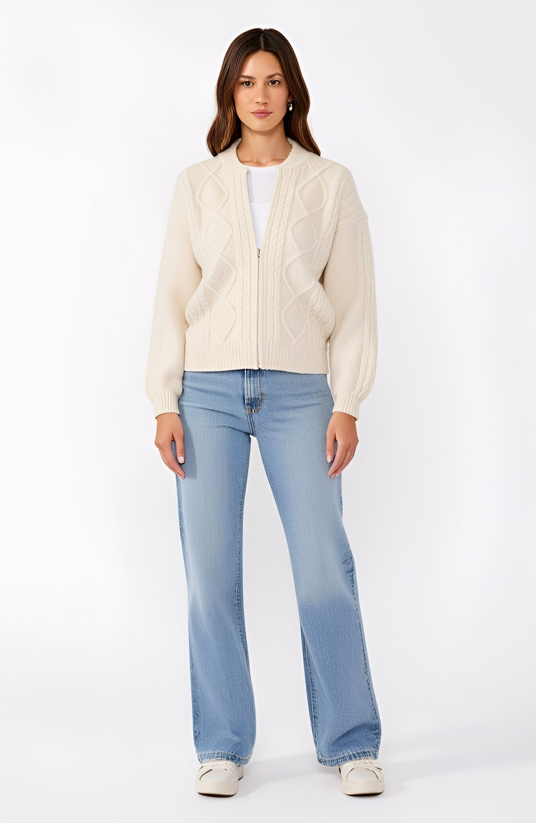 Modenaire Cable Knit Zip Front Cardigan with Diamond Pattern and Ribbed Trim Balloon Sleeves, Alternate, color, 