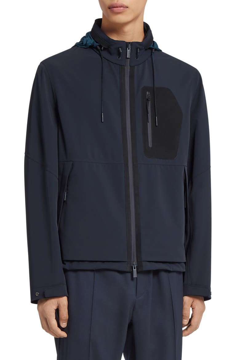 Water Repellent Stretch Nylon Hooded Zip Jacket, Main, color, NAVY