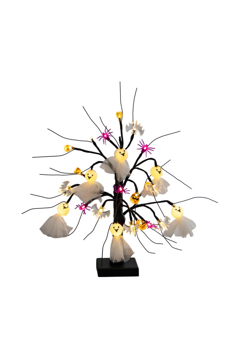 18-in Pre-Lit Artificial Halloween Ghost Dolls, Spiders, Bats & Pumpkins 24 LED Lighted Ornament Tree, Main, color, Black