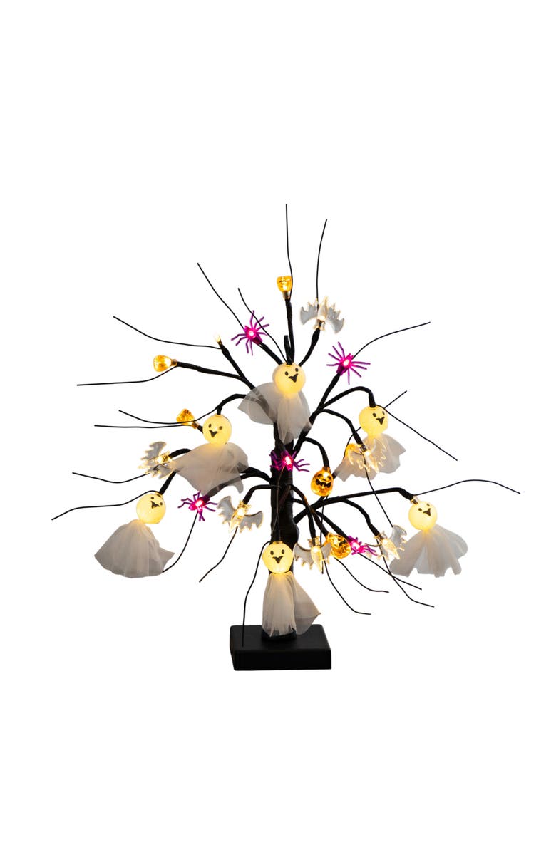NEARLY NATURAL 18-in Pre-Lit Artificial Halloween Ghost Dolls, Spiders, Bats & Pumpkins 24 LED Lighted Ornament Tree, Main, color, Black