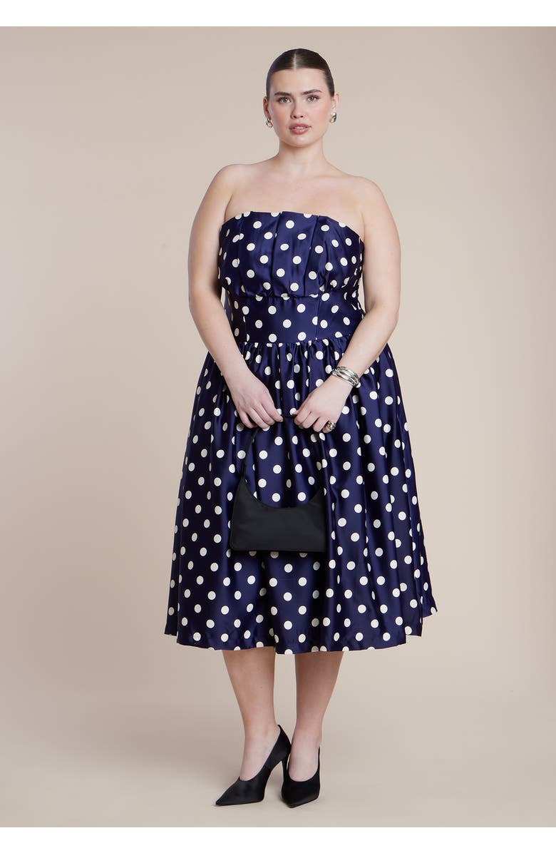 ELOQUII Strapless Polka Dot Flare Midi Dress, Alternate, color, Evening Dot