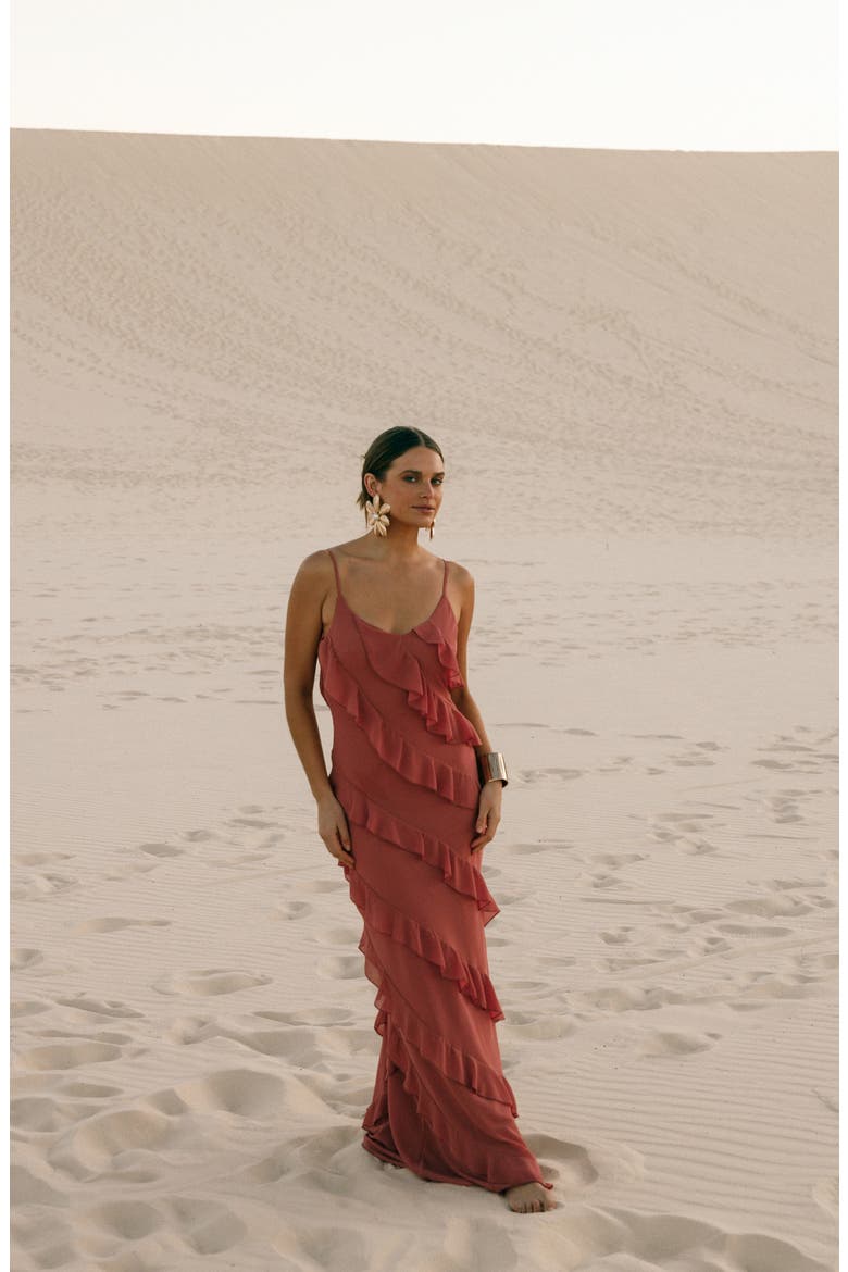 Ciao Ruffle Chiffon Gown, Alternate, color, ROSEWOOD