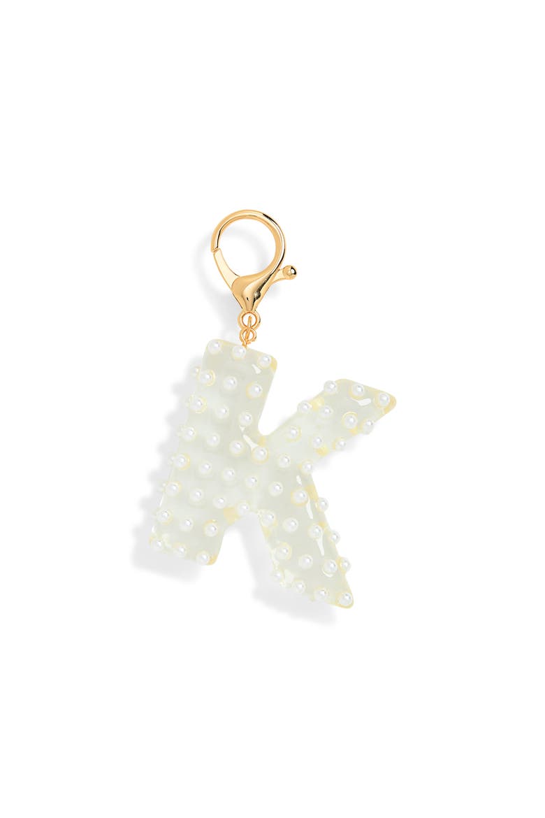 Faux Pearl Initial Bag Charm, Main, color, K- CLEAR- WHITE- GOLD