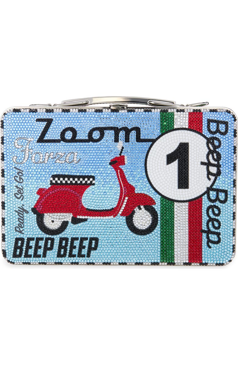 JUDITH LEIBER COUTURE Beep Beep Crystal Embellished Lunch Box Clutch, Main, color, Silver Sapphire Multi