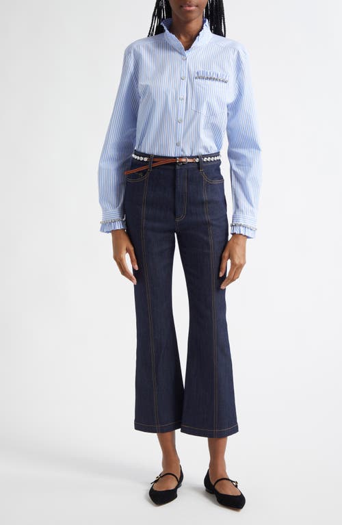 Cinq À Sept Rhinestone Belted Crop Kick Flare Jeans In Indigo