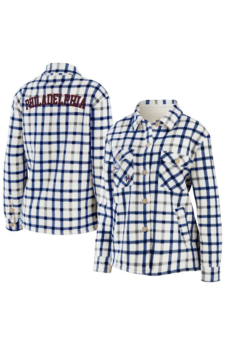 WEAR by Erin Andrews Women's WEAR by Erin Andrews Oatmeal Philadelphia 76ers Plaid Button-Up Shirt Jacket, Alternate, color, Oatmeal
