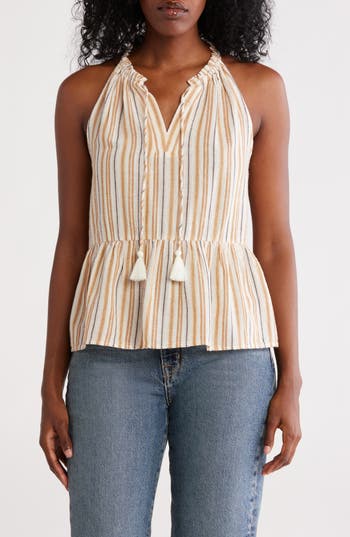 Lucky Brand Tassel Tie Cotton Halter Peplum Top