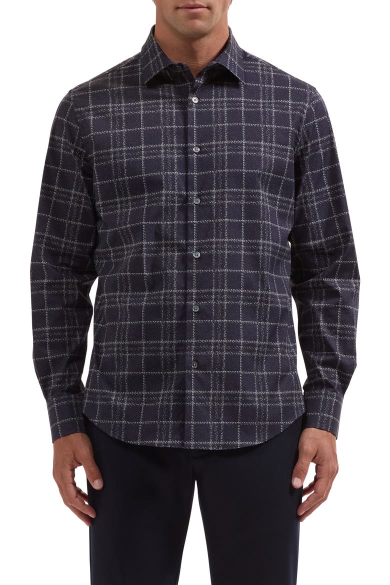 Julian Shaped Fit Plaid Stretch Button-Up Shirt, Main, color, BLACK
