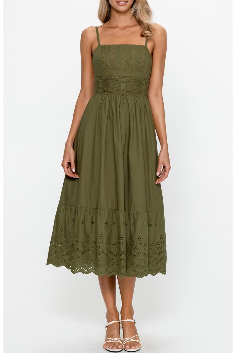 Embroidered Sleeveless Cotton Midi Dress, Alternate, color, KHAKI / BROWN