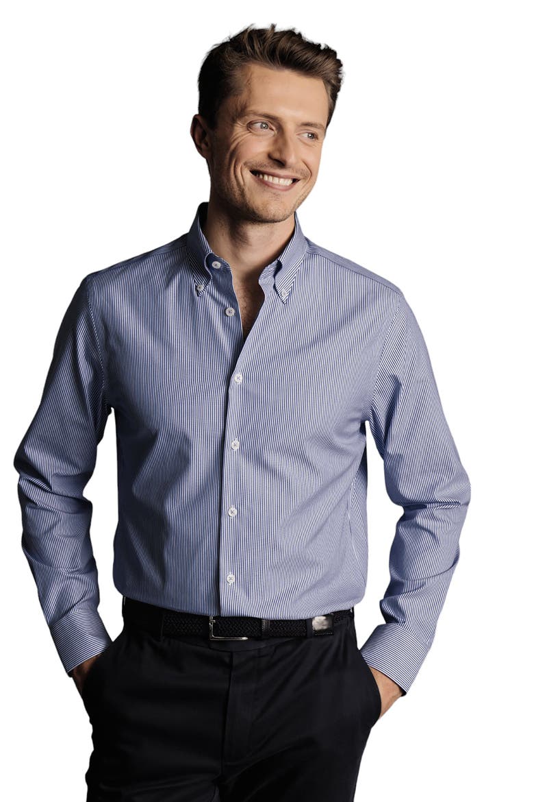Stripe Non-Iron Button-Down Oxford Slim Fit Shirt Single Cuff, Main, color, Cobalt Blue