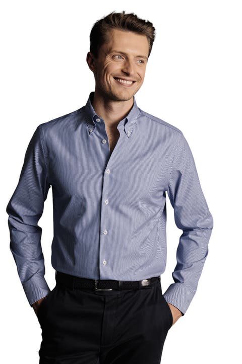 Stripe Non-Iron Button-Down Oxford Slim Fit Shirt Single Cuff